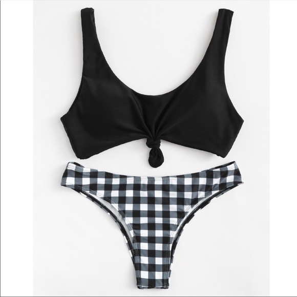 ✂️ NEW Tie Crop Tank Cheeky Gingham Bottoms Black - Picture 3 of 4